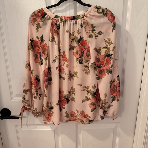 Zac & Rachel Pink Floral Sheer Blouse V-Neck Balloon Sleeves Sz M Boho Cottage - Picture 4 of 6